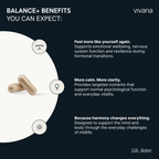 Promotional graphic for vivana Balance+ benefits, featuring three beige capsules on a white curved shape against a dark navy background. Text outlines expected benefits including emotional well-being, nervous system support, clarity, and hormonal transitions.