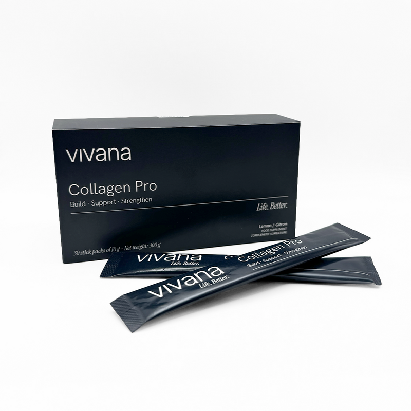 Vivana Collagen Pro supplement packaging, showing a dark navy blue box behind two individual single-serve sachets on a clean white background.