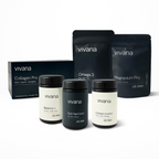 A set of Vivana brand health and wellness products, including Collagen Pro powder, Omega 3, Magnesium Pro, and three supplement bottles (Balance +, Gut Harmony, Cortisol Control), arranged on a light gray studio background.