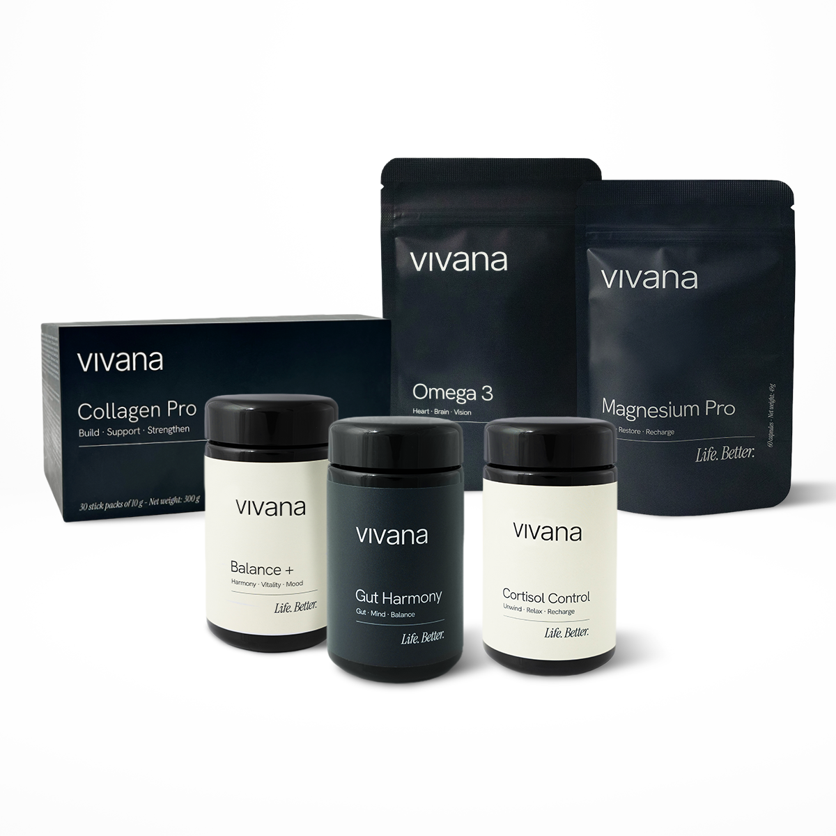 A set of Vivana brand health and wellness products, including Collagen Pro powder, Omega 3, Magnesium Pro, and three supplement bottles (Balance +, Gut Harmony, Cortisol Control), arranged on a light gray studio background.