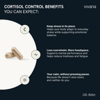 An informational graphic for vivana cortisol control benefits, featuring two beige capsules on a white circular shape against a dark navy background. Text highlights stress management, mental performance, and calm benefits, with the vivana brand name in the top right.