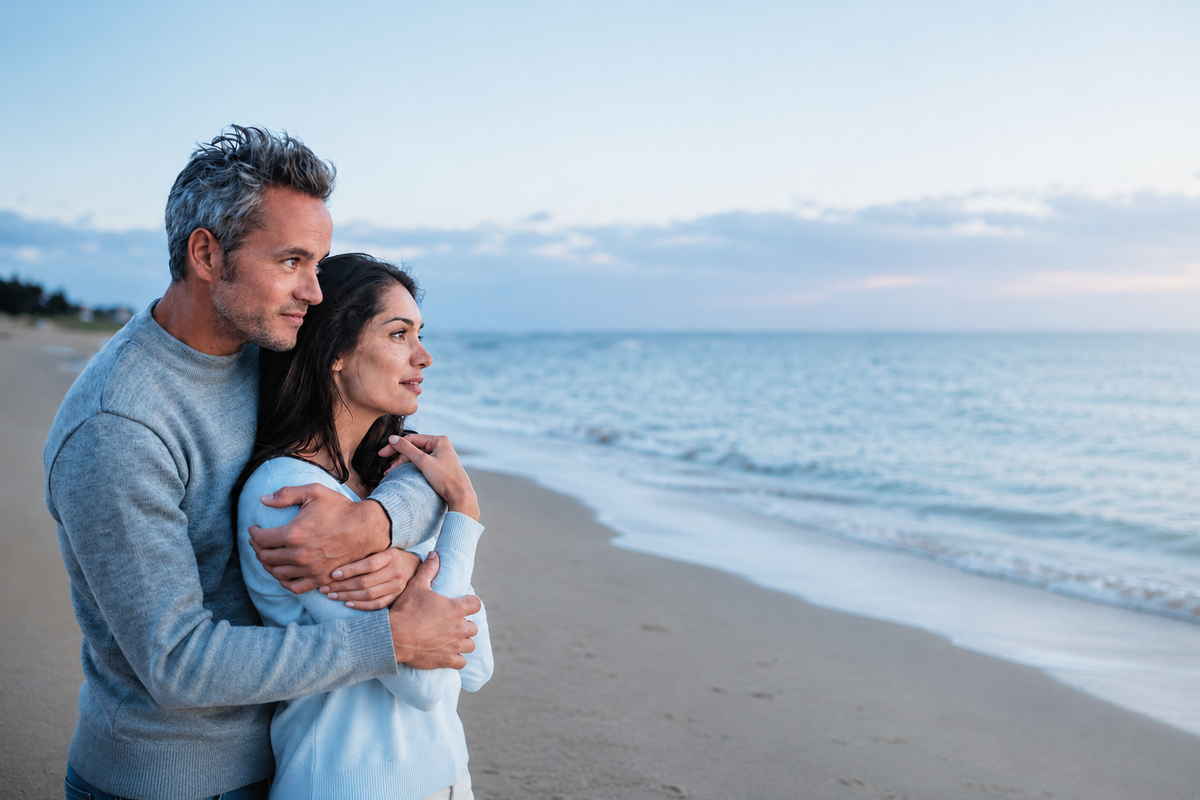 Couple embracing on a beach with ocean view