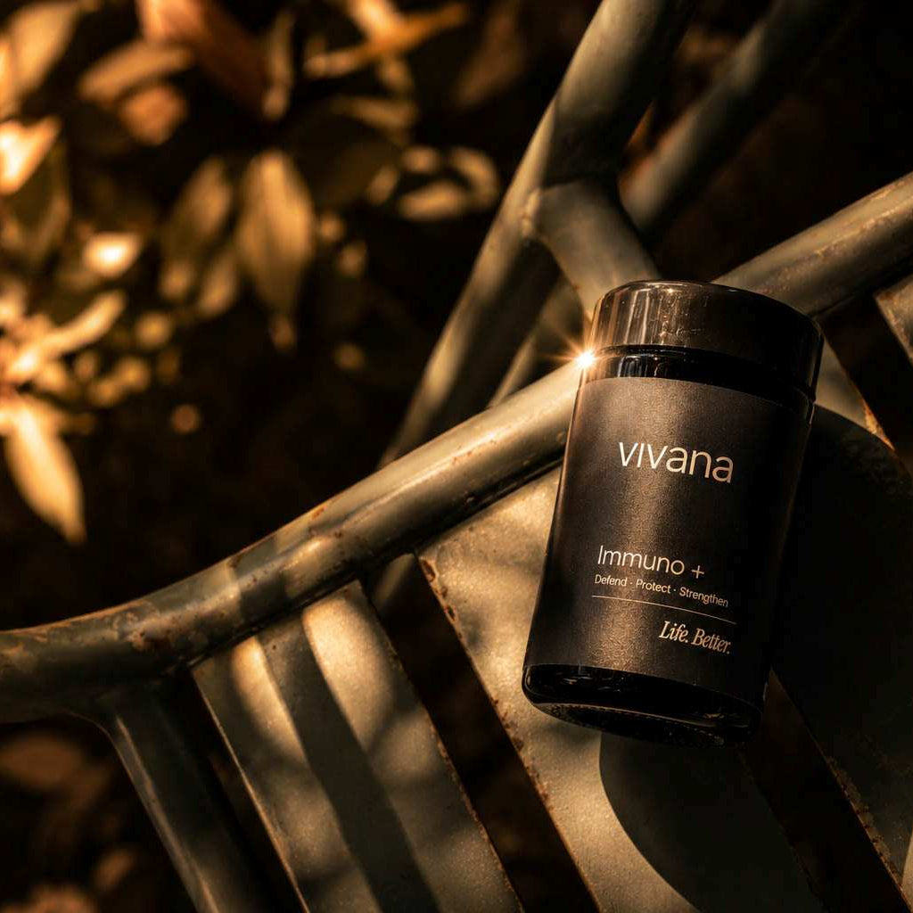 A black jar of vivana Immuno+ Life Baler supplement placed on a dark metal bench in warm, dramatic sunlight with blurred foliage in the background.