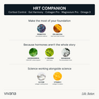 An informational graphic for 'HRT COMPANION' by vivana, outlining key supplement ingredients for hormone and gut health, including probiotics, EPA and DHA, ashwagandha, L-theanine, magnesium, glycine, and vitamin C, presented on a white background with black text and circular ingredient icons.