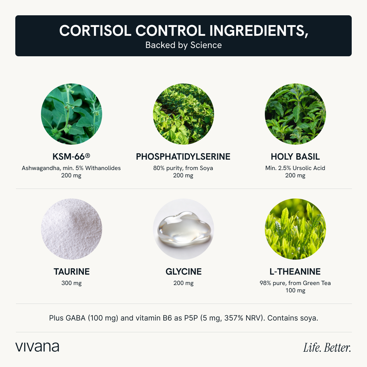 An informational graphic titled 'CORTISOL CONTROL INGREDIENTS, Backed by Science' on a white background, showing six supplement ingredients with labels and circular ingredient photos: KSM-66, Phosphatidylserine, Holy Basil, Taurine, Glycine, and L-Theanine. The brand 'vivana' appears at the bottom left.
